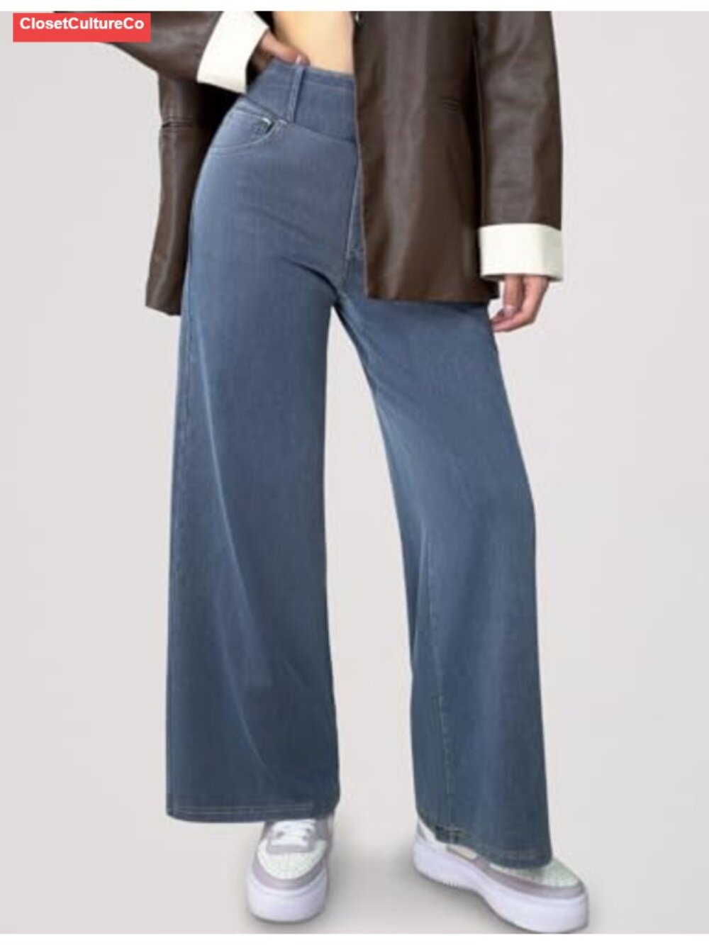 Women's Wide Leg High Waisted Stretch Pull-On Baggy Denim Jeans with Pockets - Picture 4 of 6